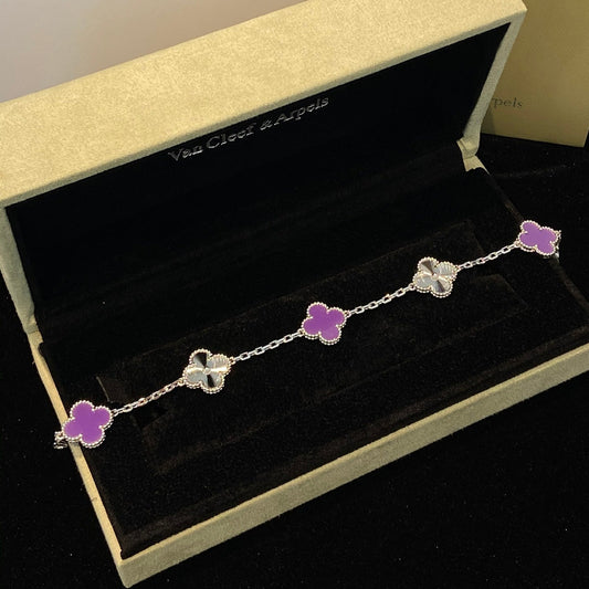 [Everoly JW]CLOVER  5 MOTIFS  PURPLE VIOLET BRACELET SILVER