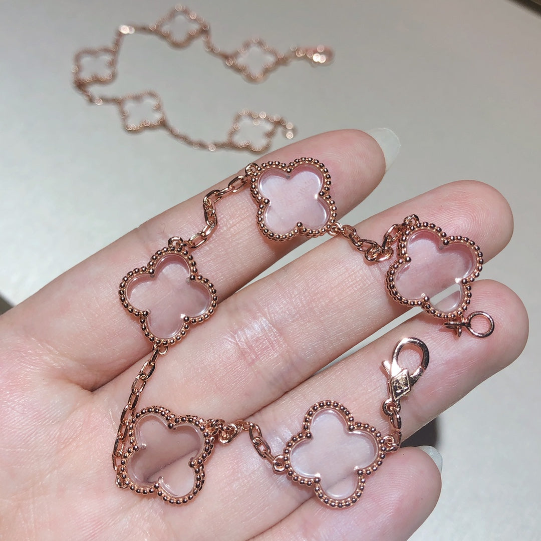 [Everoly JW]CLOVER 5 MOTIF ROCK CRYSTAL PINK GOLD BRACELET