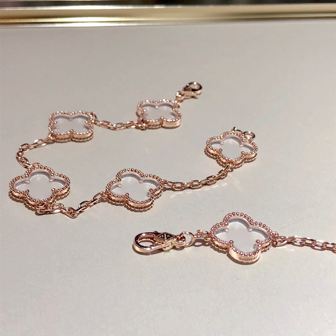 [Everoly JW]CLOVER 5 MOTIF ROCK CRYSTAL PINK GOLD BRACELET