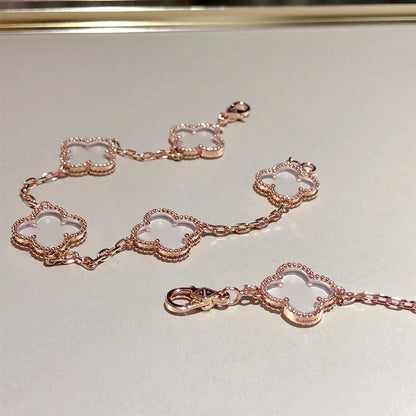 [Everoly JW]CLOVER 5 MOTIF ROCK CRYSTAL PINK GOLD BRACELET