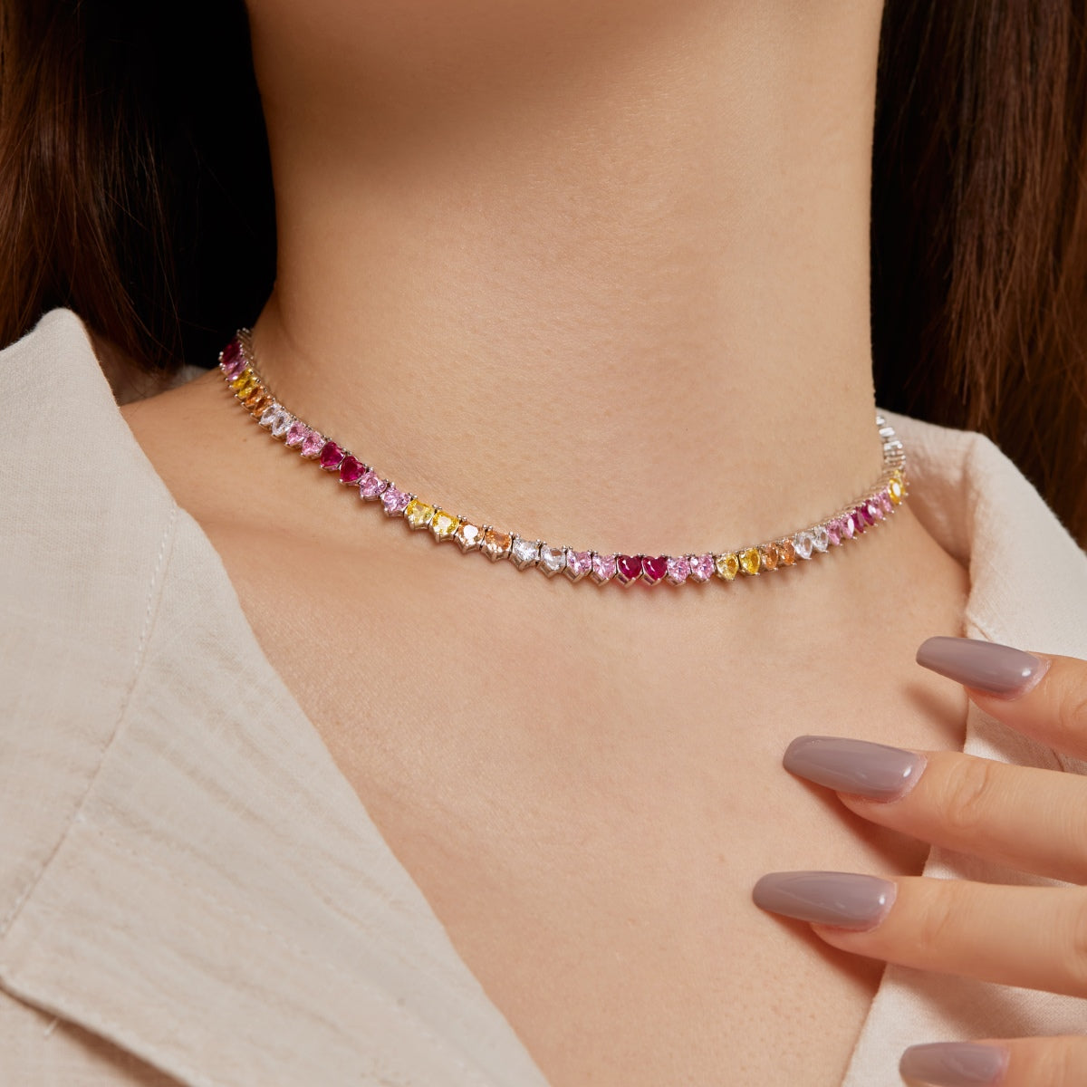 [Everoly JW]Sparkling Colorful Full Heart Tennis Necklace