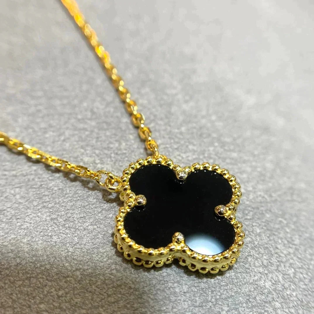 [Everoly JW]CLOVER 15MM BLACK ONYX SINGLE FLOWER NECKLACE