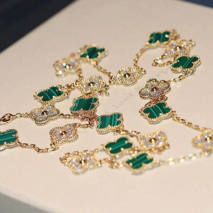 [Everoly JW]CLOVER 20 MOTIFS MALACHITE DIAMOND NECKLACE