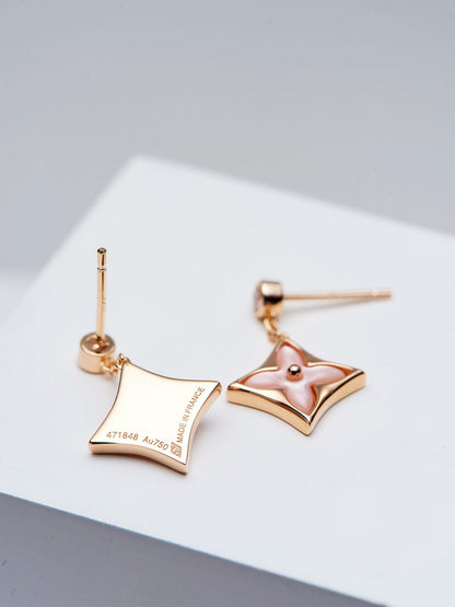 [Everoly JW]DOUBLE STAR PINK GOLD MOP DROP EARRINGS