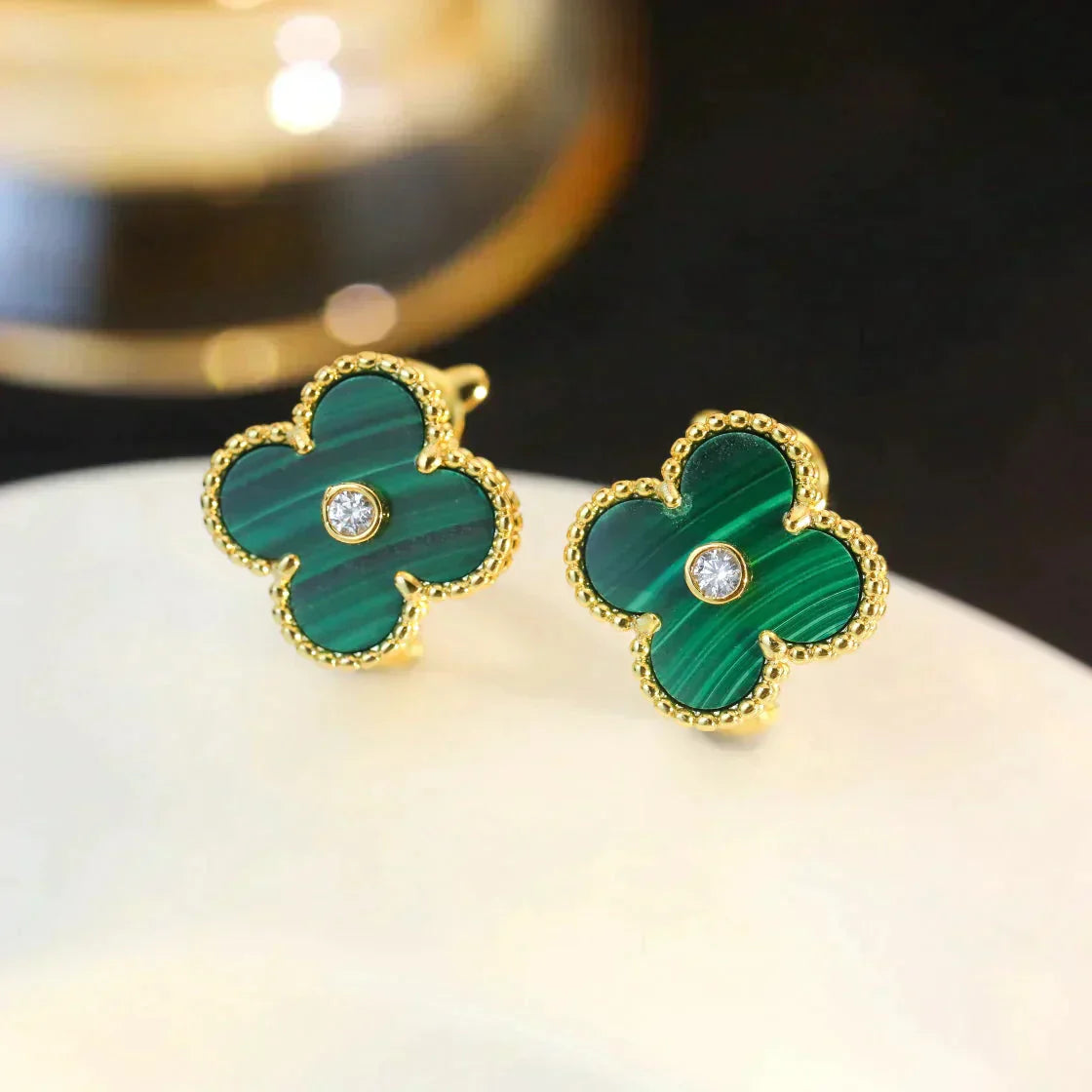 [Everoly JW]CLOVER MEDIUM 1 MOTIFS MALACHITE DIAMOND EARRINGS