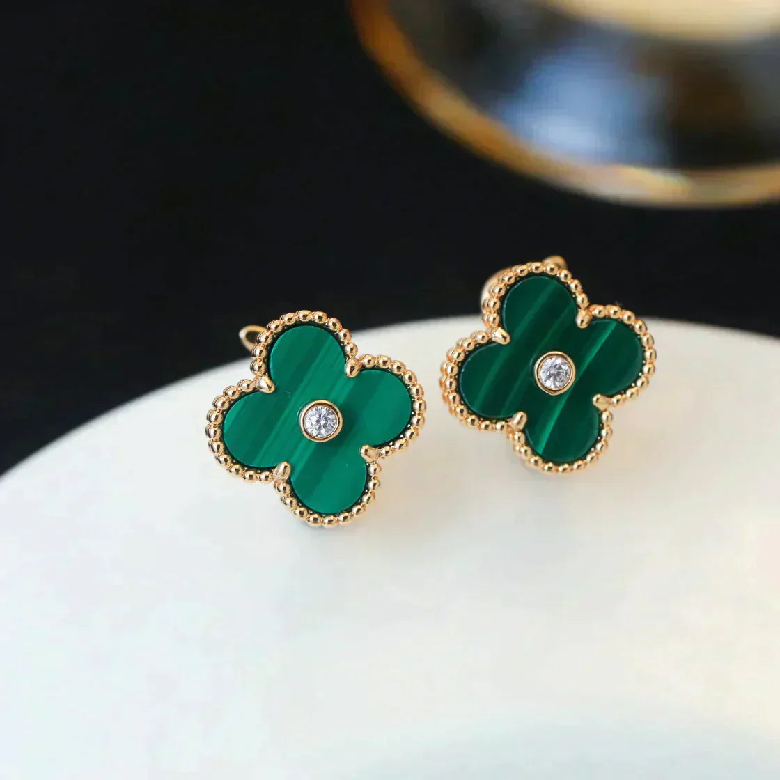 [Everoly JW]CLOVER MEDIUM 1 MOTIFS MALACHITE DIAMOND EARRINGS