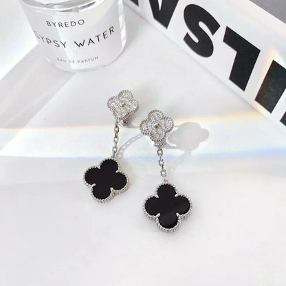 [Everoly JW]CLOVER 2 MOTIFS  DIAMOND ONYX EARRINGS SILVER