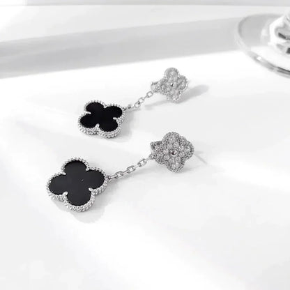 [Everoly JW]CLOVER 2 MOTIFS  DIAMOND ONYX EARRINGS SILVER