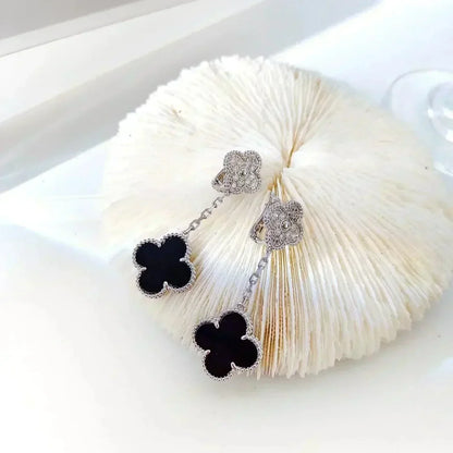 [Everoly JW]CLOVER 2 MOTIFS  DIAMOND ONYX EARRINGS SILVER