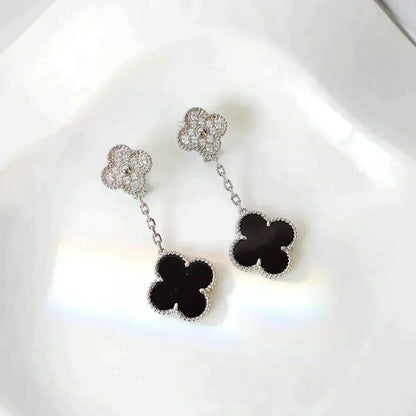 [Everoly JW]CLOVER 2 MOTIFS  DIAMOND ONYX EARRINGS SILVER