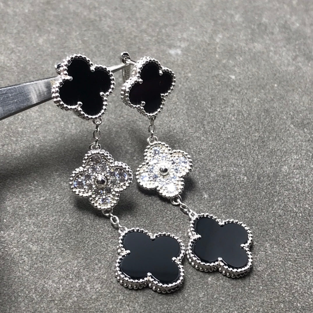 [Everoly JW]CLOVER 3 MOTIF DIAMOND ONYX SILVER EARRINGS