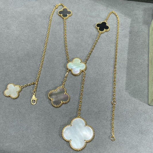 [Everoly JW]CLOVER 6 MOTIF MOP ONYX GOLD NECKLACE