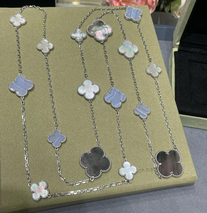 [Everoly JW]CLOVER 16 MOTIF CHALCEDONY MOP SILVER NECKLACE
