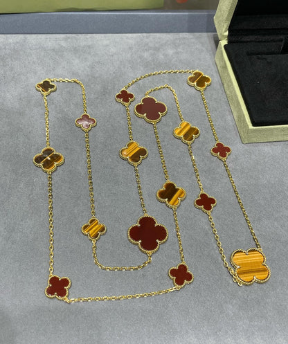 [Everoly JW]CLOVER 16 MOTIF CARNELIAN TIGER EYE ROSE GOLD NECKLACE