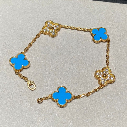 [Everoly JW]CLOVER 5 MOTIF BLUE CHALCEDONY DIAMOND GOLD BRACELET