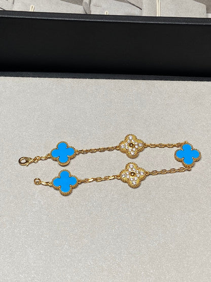 [Everoly JW]CLOVER 5 MOTIF BLUE CHALCEDONY DIAMOND GOLD BRACELET
