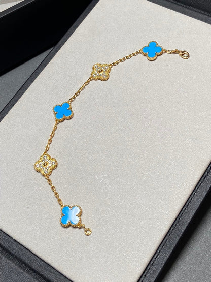 [Everoly JW]CLOVER 5 MOTIF BLUE CHALCEDONY DIAMOND GOLD BRACELET