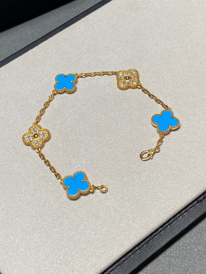 [Everoly JW]CLOVER 5 MOTIF BLUE CHALCEDONY DIAMOND GOLD BRACELET