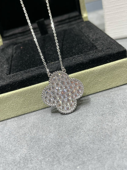 [Everoly JW]CLOVER 25MM LARGE PENDANT DIAMOND PAVED SILVER NECKLACE