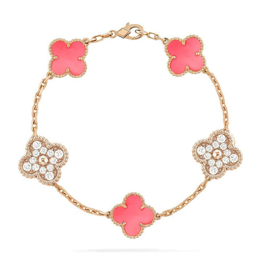 [Everoly JW]CLOVER 5 MOTIF DIAMOND PINK MOP PINK GOLD BRACELET