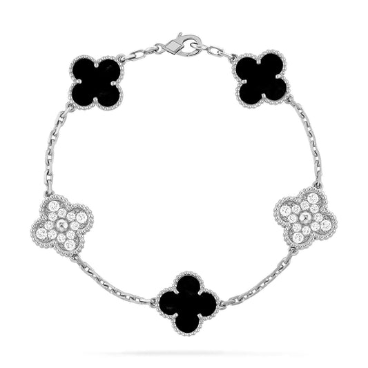 [Everoly JW]CLOVER 5 MOTIF ONYXS DIAMOND BRACELET SILVER
