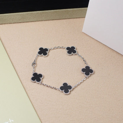 [Everoly JW]CLOVER 5 MOTIF ONYXS  BRACELET SILVER