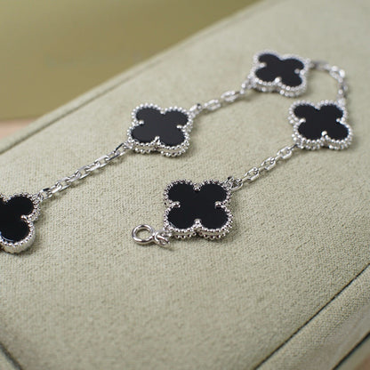 [Everoly JW]CLOVER 5 MOTIF ONYXS  BRACELET SILVER