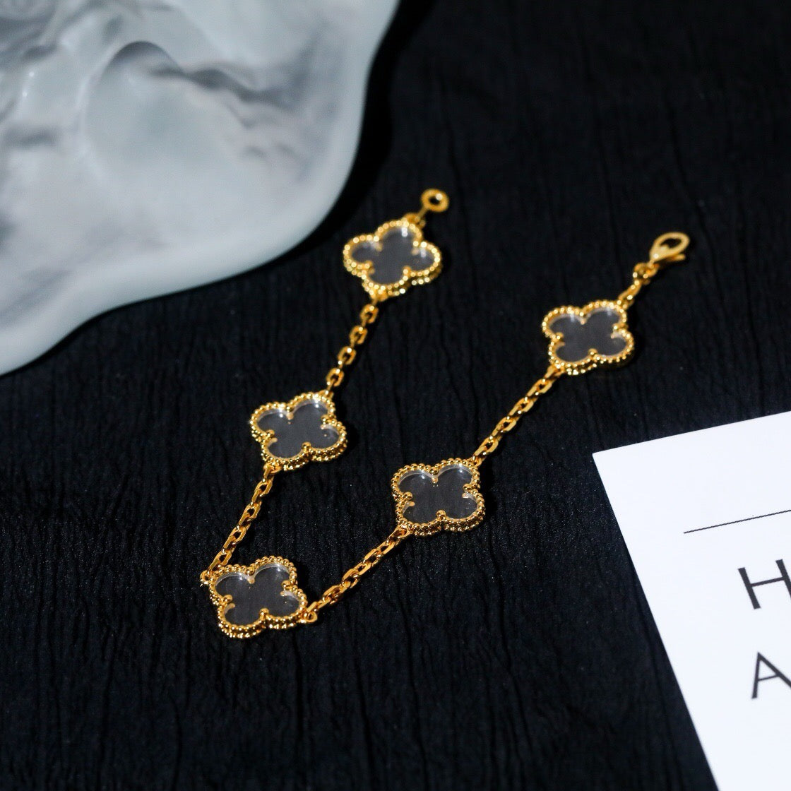 [Everoly JW]CLOVER 5 MOTIF ROCK CRYSTAL PINK GOLD BRACELET