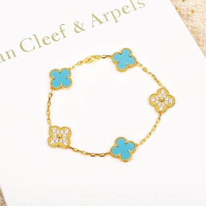 [Everoly JW]CLOVER 5 MOTIF TURQUOISE DIAMOND GOLD BRACELET