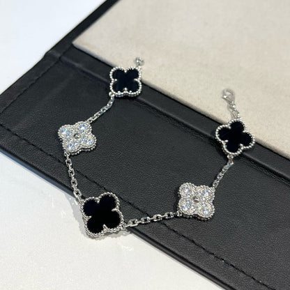 [Everoly JW]CLOVER 5 MOTIF ONYXS DIAMOND BRACELET SILVER