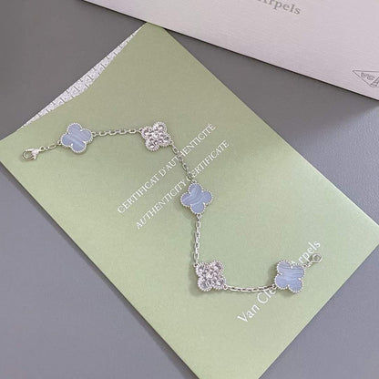 [Everoly JW]CLOVER  5 MOTIF DIAMOND PURPLE CHALCEDONY BRACELET SILVER