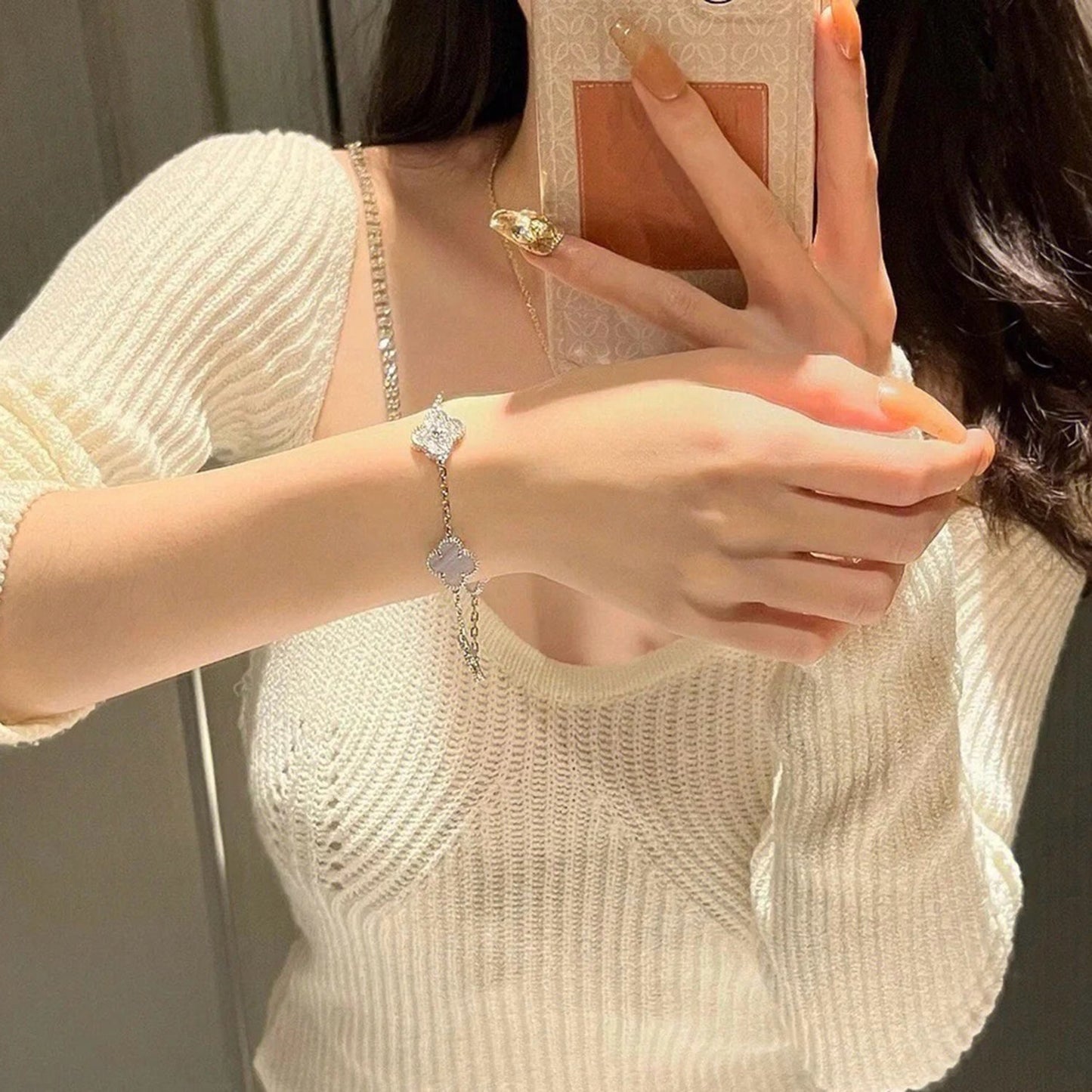 [Everoly JW]CLOVER  5 MOTIF DIAMOND PURPLE CHALCEDONY BRACELET SILVER