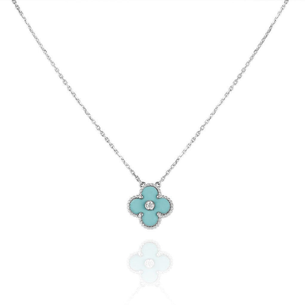 [Everoly JW]CLOVER 1 DIAMOND LIGHT BLUE SILVER NECKLACE