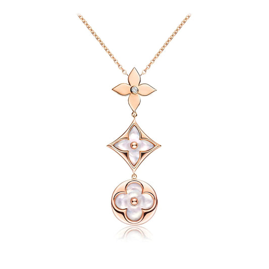 [Everoly JW]COLOR BLOSSOM LARIAT NECKLACE PINK GOLD WHITE MOTHER PEARL AND DIAMOND