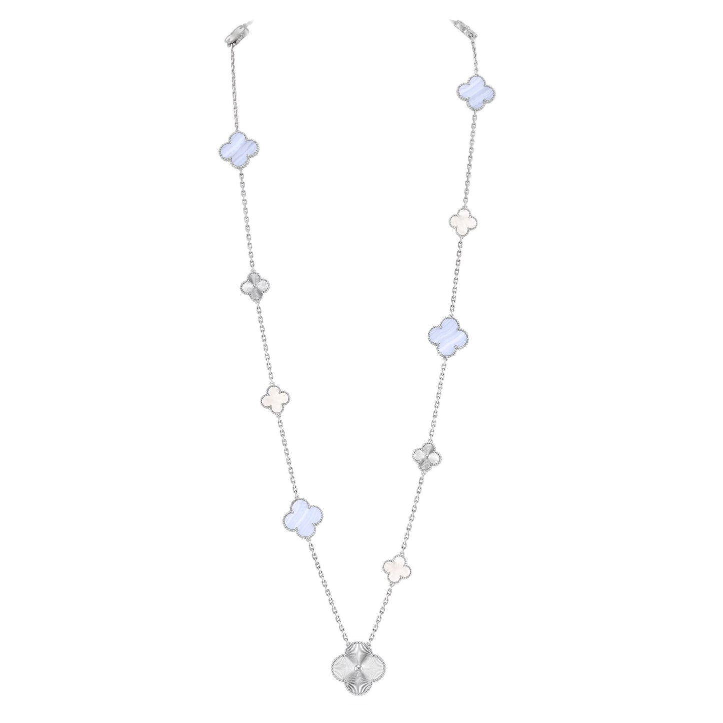 [Everoly JW]DETACHABLE CLOVER 15(11+4) FLOWER SILVER NECKLACE SET