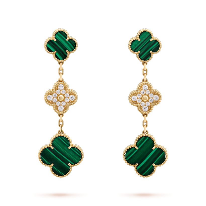 [Everoly JW]CLOVER EARRINGS GOLD MALACHITE DIAMOND 3 MOTIF