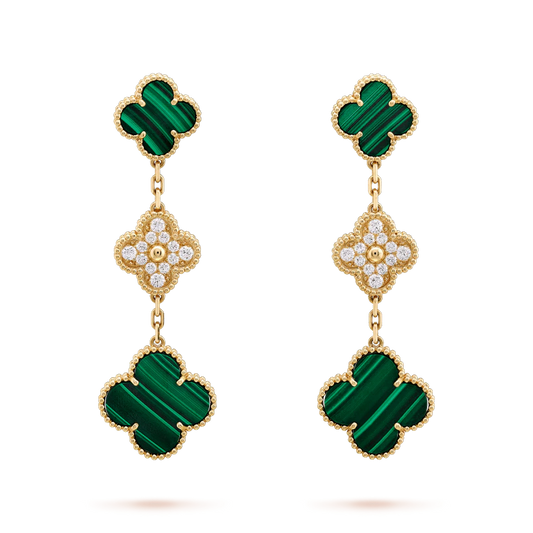 [Everoly JW]CLOVER EARRINGS GOLD MALACHITE DIAMOND 3 MOTIF