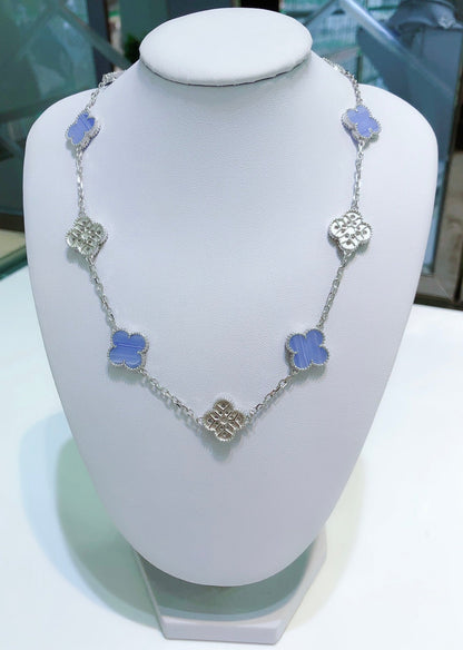 [Everoly JW]CLOVER 10 MOTIFS CHALCEDONY DIAMONDS SILVER NECKLACE