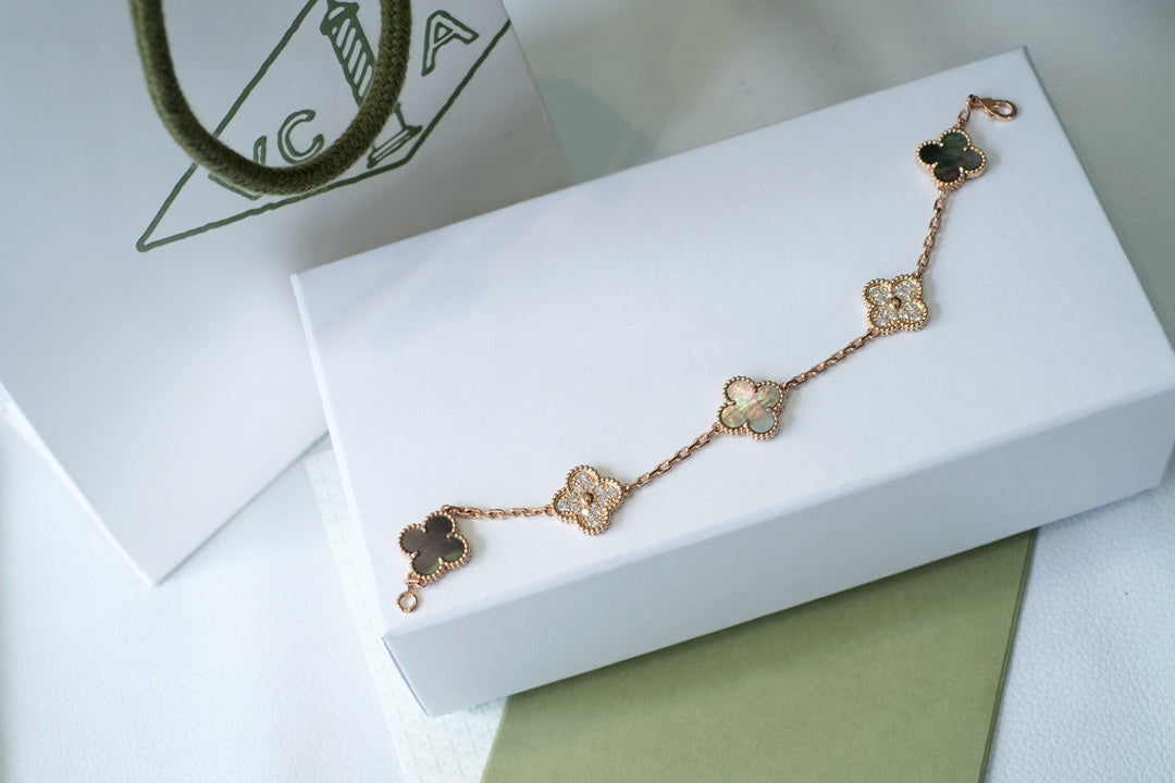 [Everoly JW]CLOVER 5 MOTIFS DARK MOP AND DIAMONDS PINK GOLD BRACELET