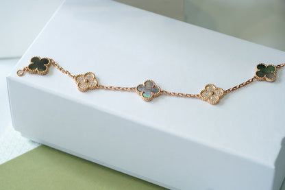[Everoly JW]CLOVER 5 MOTIFS DARK MOP AND DIAMONDS PINK GOLD BRACELET